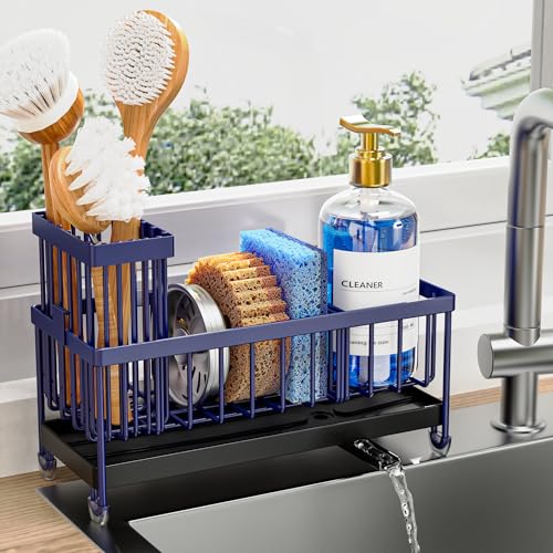 Cisily Sponge Holder for Kitchen Sink, Sink Caddy Organizer with High Brush Holder, Kitchen Countertop Organizers and Storage Essentials, Rustproof 304 Stainless Steel (Navy Blue, 9.25″) - color: Navy Blue