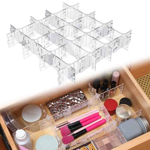 45 Pcs Adjustable Clear Drawer Dividers with Fixed Buckle DIY Plastic Drawer Organizer Box Dividers Back to School Gift for Sock Underwear Makeup Kitchen Bedroom Dresser Office Storage(Clear)