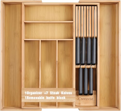 9-Piece Bamboo Kitchen Drawer Organizer Set, Expandable Silverware &Utensil Organizer with Removable Knife Block & Steak Knives, Flatware Organization, Tableware Dividers Storage(Natural) - color: Natural