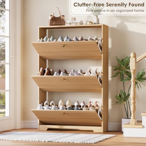 Nicetree Shoe Storage Cabinet, Slim Shoe Cabinet, Hidden Shoe Rack Cabinet, Shoe Storage Cabinet for Entryway, Hallway, Foryer, Natural Oak - color: Natural Oak, style: 3-Drawers