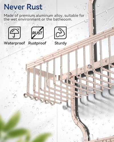 YASONIC Shower Caddy Hanging - Never Rust Shower Organizer - Aluminum over The shower head caddy with 10 Hooks for Razor/Sponge - Shower Rack with Soap Basket - Rose Gold - color: Rose Gold