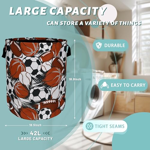 Funny Football Basketball Laundry Basket Foldable With Handles Tote Bag Oxford Cloth Colorful Laundry Hamper Clothes Storage Bucket Toy Organizer For Bathroom/Laundry/Bedroom 18.9" x 16.5 " - color: Hand Drawn Football and Basketball
