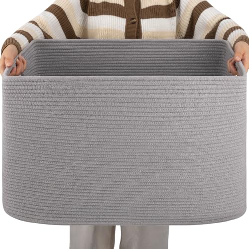 OIAHOMY XXLarge Rectangle Blanket Basket-96L, Cotton Woven Basket for Storage, Dirty Clothes Basket for Living Room, Nursery, Bedroom, Toy Organizing with Handle, 24" x 16" x 15", Grey - color: Grey, size: 24”x16”x15”