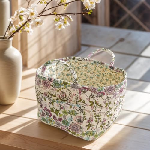 Boho Fabric Storage Basket, Boho Floral Laundry Baskets, Folding Bohemian Style Puffer Quilted Tote, Spring Vintage Storage Bag Organizer Large Capacity with Handle & Front Pocket - color: Purple