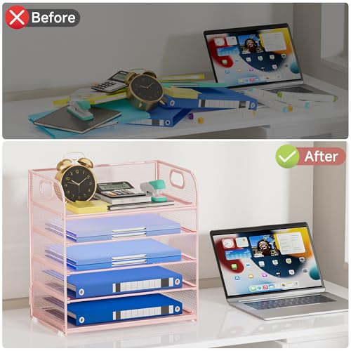 5-Tier Stackable Paper Organizer with Handle, Pink Metal Mesh Letter Tray | Stylish Desk File Sorter for Office, Home & Classroom Supplies - color: Pink, size: 12.6" x 9.1" x 13.4"