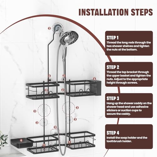 REINHARDT Adjustable Shower Caddy Hanging Rustproof Shower Caddy for Handheld Showerheads, Shower Organizer with Hooks Soap Holder Toothbrush Holder, Anti-Swing Shower Rack Bathroom Accessories, Black - color: Black