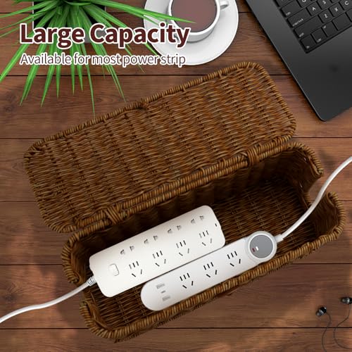Cable Management Box, Desk Handwoven Rattan Cord Hider Cable Organizer Box With Lid Button Lock, Power Strip Cover Wicker Decorative Basket, Floor Wire Hiding Extension Cord Box (dark brown) - color: Brown