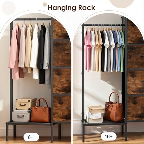 Lewondr Dresser with Hanging Rack and Storage Drawers, 4 Drawer Chest with Hooks and Hat Rack, Rustic Entryway Organizer for Clothes, Bags, Shoes and Accessories, Brown Wood Finish