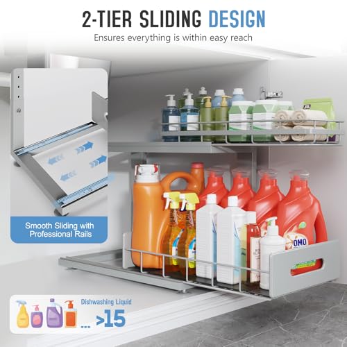Under Sink Organizer Upgrade To Professional Rails,2-Tier Dual Pull Out Cabinet Storage,Height Adjustable Slide Out Drawers For Bathroom Kitchen,2 Pack-18.5"Dx12.8"-16.9"H,Gun Gray - color: Gun Gray, size: 2 Pack-18.5"Dx12.8"-16.9"H
