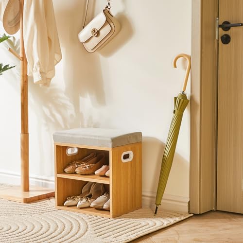 YMYNY Shoe Storage Bench with Cushion, 2 Tier Shoe Rack with Padded Seat, Adjustable Shoe Organizer Cabinet for Entryway, Living Room, Hallway, Closet, Bedroom, 15.4L*11W*16.54H, Natural, UHBD028N - color: Natural