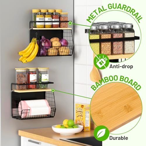 Magnetic Shelf for Fridge with Wood Lid, Fruit Potato and Onion Storage Bins, Pantry Organizers & Storage, Large Container Magnetic Spice Rack for Refrigerator, Kitchen Counter (Black, 2) - color: Black, size: 2-Small