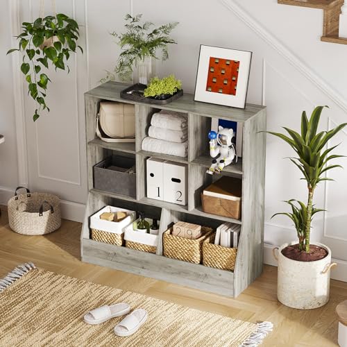 DINZI LVJ Toy Storage Organizer, Kids Bookshelf, Wood Toy Storage Cabinet, 3-Tier 8 Cubby Children Bookcase, 35.4" L Toddler Book Shelf for Playroom, Living Room, Nursery, Hallway, School, Gray Wash - color: Gray Wash, size: 3-Tier 35.4"