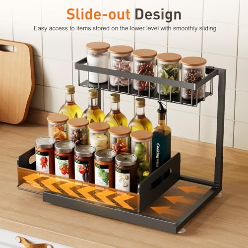 Under Sink Organizer,Metal Pull Out Cabinet Organizer Shelf,Kitchen Bathroom Organizers with Sliding Drawer,Storage Shelves,Storage and organization for Home,Laundry,RV,Pantry,Spice,Black,2 Pack