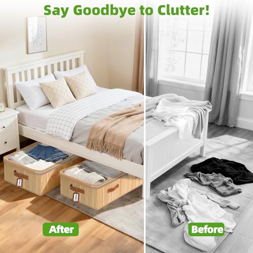 Livole Bamboo Under Bed Storage, 6 inches Underbed Storage Containers, 56L XXL Under Bed Storage Bins with Clear Lid & Label for Clothes, Blankets, Sweater, Shoes, 1 Pack - size: Standard - 6"H