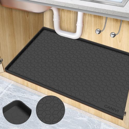 Under Sink Mat, 34" x 22" Waterproof Silicone Under Sink Tray for Kitchen & Laundry Cabinets, Kitchen Cabinet Shelf Protector, Up to 3.3 Gallons Liquid, Fits 36 inch Standard Cabinet(Grey) - color: Dark Black, size: 22"W x 34"L