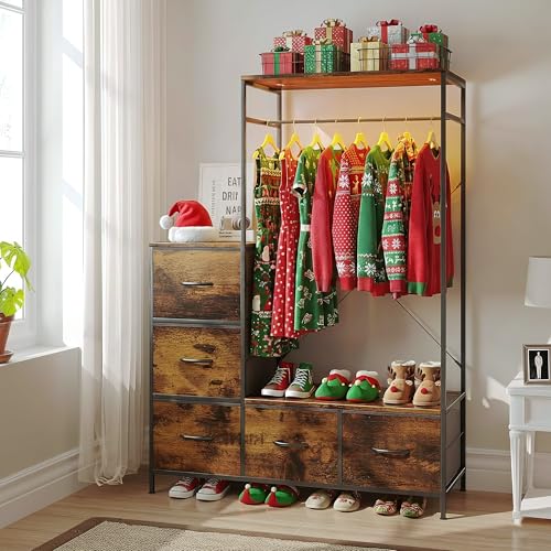 Clothing Rack with Fabric Drawers & LED Lights, 39.4W*57H Dresser with Hanging Rack, Free Standing Wardrobe Closet with Shelves, Closet Organizer with Drawers for Bedroom, Small Space, Apartment - color: Brown