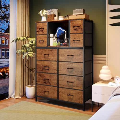 58.7" H Dresser for Bedroom with 12 Fabric Drawers & LED Lights, Anti-Tips Chest of Drawers with Open Shelves for Small Space, Living Room, Storage Organizer with Steel Frame, Wood Top, Rustic Brown