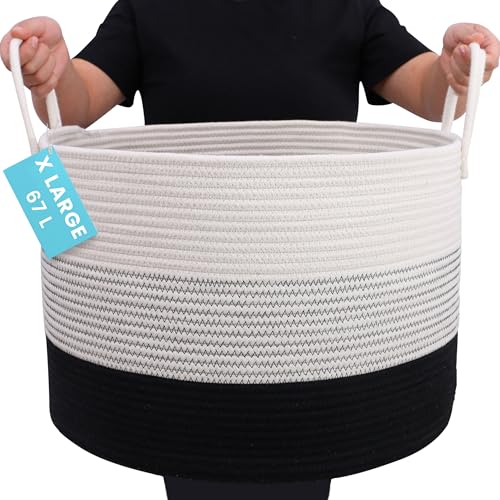 OrganiHaus Large Woven Storage Basket for Blankets and Toys 20" x 13" Inch, Rope Laundry Basket with Handles, Cushions & Pillows Storage Bin, Nursery Hamper, Soft Round Dog Toy Bin - Black/Off-White - color: 3-toned Black, size: Wide