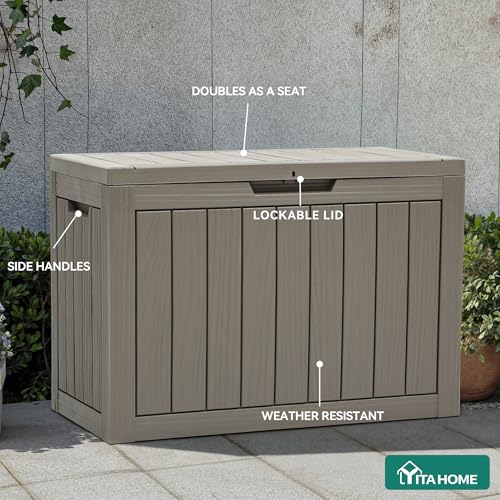 YITAHOME Outdoor Storage Box, 45 Gallon Waterproof Resin Deck Box, Lockable Organizer for Patio, Poolside, Deck, Cushions, Throw Pillows, Garden Tools, Brown - color: Taupe, size: 45 Gallon, style: Deck Box
