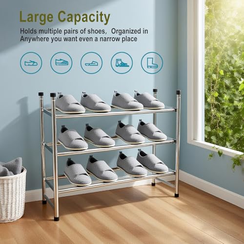 3 Tier Shoe Rack for Closet Metal Wide Retractable Stackable Shoe Storage Organizer for Closet Entryway Small Spaces 24.4 x19.69 x9 Inches