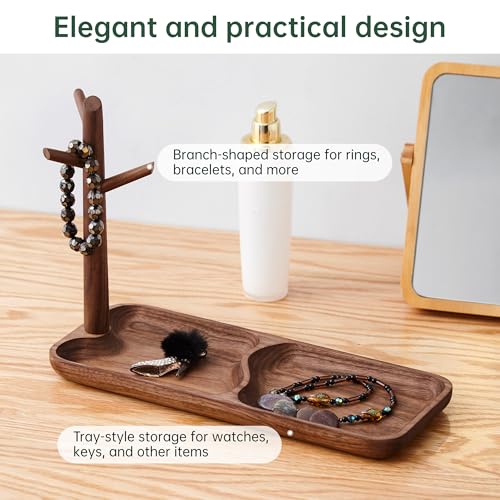 Solid Wood Key Holder with Tray, Black Walnut Key Tray & 3-Tier Jewelry Stand - Entryway Key Bowl Organizer for Keys, Wallet, Phone, Watch, Rings, Bracelets | Wooden Key Holder (11.8"x4.7"x8.3")
