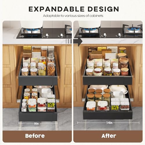 Seinloes 4 Pack Pull Out Cabinet Organizers 21" Deep With Raising Pad for Framed Cabinets, Expandable Width (9"-14") Slide Out Drawers Upgrade 3 Slide Rails, Roll Out Shelves Adhesive, Black - color: Black, size: 9"-14"Wide x 21"Deep(4 Pack)