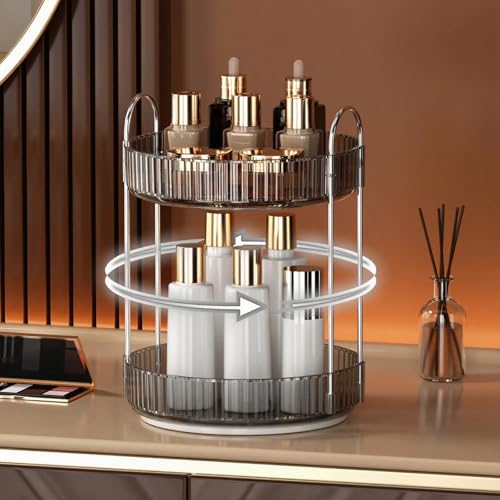 YCIA&DONE 360 Rotating Makeup Organizer and Storage for Vanity Countertop 2 Tiers, High Capacity Cosmetic Skincare Perfume Organizers for Dresser Bathroom Lazy Susan (Smoky Gray) - color: Smoky Gray, size: 9" (2 Tiers)