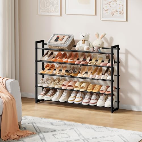 FAVOOSTY 3-Tier Expandable Shoe Rack, Adjustable Shoe Shelf Storage Organizer Space Saving Metal Free Standing Shoe Rack for Entryway Closet Doorway, Silver Grey (Black, 5 Tier) - color: Black, size: 5 Tier