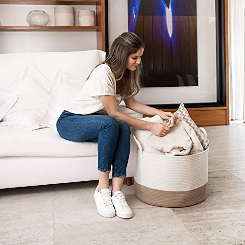 OrganiHaus Large Woven Storage Basket for Blankets and Toys 20" x 13" Inch, Rope Laundry Basket with Handles, Cushions & Pillows Storage Bin, Nursery Hamper, Soft Round Dog Toy Bin - Honey/Off-White - color: Honey / Off-White, size: Wide