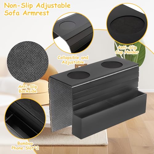 Couch Cup Holder Tray,Sofa Armrest Organizer with Cup Holder, No-Slip Couch Caddy with 2 Side Storage Pockets,Foldable Table Tray,Sofa Table Organizer for Drinks,Cellphone,Remote Control