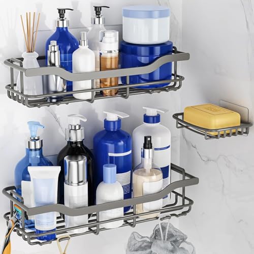 OMAIRA 3-Pack Shower Caddy with Soap Holder, Adhesive Rustproof No-drill Strudy Loading Inside Shower Organizer Shelves Rack Storage Bathroom Organization for Smooth Wall Glass Tile, Grey (X-Large) - color: 3PCS Grey - XX Large