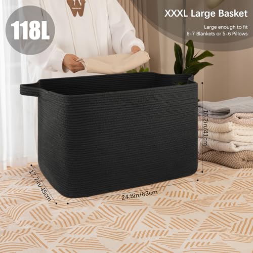 OIASKET 118L Extra Large Blanket Basket, 24.8"x17.7"x16.2" Woven Rope Baskets for Storage, Nursery Blanket Storage for Living Room, Toy Basket with Handle Organizing Comforter Cushions Pillows, Black - color: Black