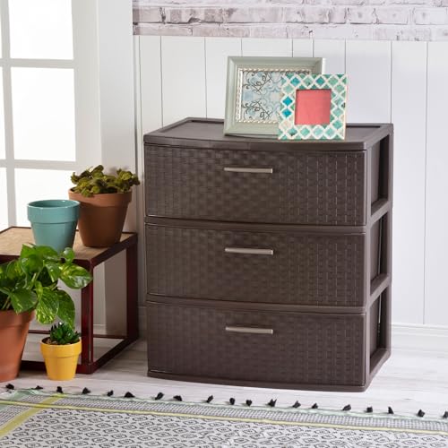 Sterilite 3 Drawer Wide Weave Storage Tower, Plastic Drawers to Organize Clothes in Bedroom, Closet, 2-Pack, Brown - size: 2 Pack