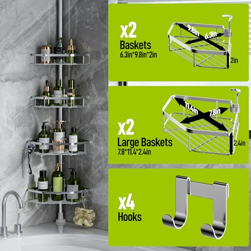 LAMU Shower Caddy Corner Tension Pole, Stainless Steel Shower Organizer, Strong Spring, 5 Adhesive Pads, 2.4 in Non-Slip Grid Base, Adjustable 4-Tier Basket, 4 Hooks, Fits Heights 37.8-124 in, Silver