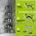 LAMU Shower Caddy Corner Tension Pole, Stainless Steel Shower Organizer, Strong Spring, 5 Adhesive Pads, 2.4 in Non-Slip Grid Base, Adjustable 4-Tier Basket, 4 Hooks, Fits Heights 37.8-124 in, Silver