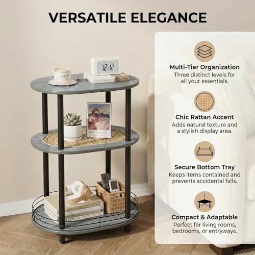 3 Tier Round Side Table with Storage, Oval End Table with Rattan Shelf & Metal Basket - Boho Nightstand, Accent Table, Tool Free Assembly & Screw-Hole Free Tabletop for Living Room Bedroom-Grey - color: Grey-rattan, size: 1PC