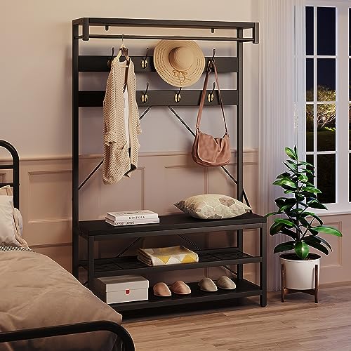 IDEALHOUSE Coat Rack Shoe Bench Industrial Hall Tree Storage Bench for Entryway Wood Look Accent Large Shoe Rack with Storage Shelf Hanging Bar,8 Hooks Grey 39.9"x15.7"x72" - color: Black