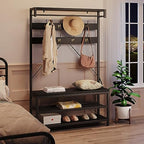 IDEALHOUSE Coat Rack Shoe Bench Industrial Hall Tree Storage Bench for Entryway Wood Look Accent Large Shoe Rack with Storage Shelf Hanging Bar,8 Hooks Grey 39.9"x15.7"x72" - color: Black