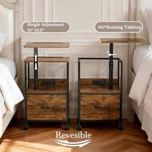 Faesun Swivel Lift Top Nightstand with Charging Station, Rolling Side Table for Recliner, Bedside Table with Wheels & a Fabric Drawer, for Small Spaces, for Bedroom, Living Room, Brown - color: Brown, size: 1 Drawer