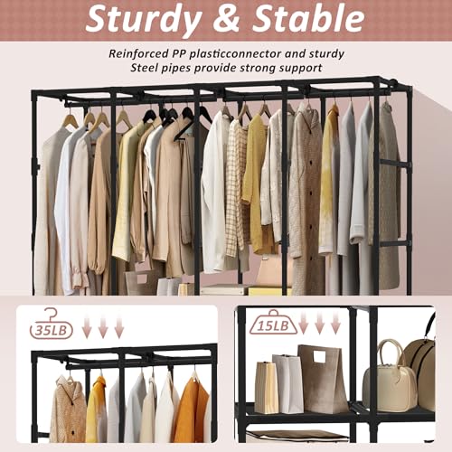 Wardrobe Closet, Quick and Easy Assembly, Black Large Capacity Portable Closet with 4 Hanging Rods 8 Storage Shelves and 8 Side Pockets, Clothes Rack with Cover, for Bedroom and Living Room - color: Black, size: 66 Inch
