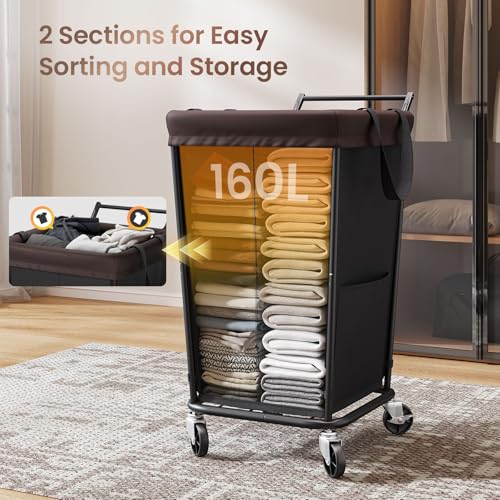160L Laundry Hamper with Wheels and Handle, 2-Section Rolling Hamper for Laundry, Large Laundry Basket with Wheels, Rolling Laundry Basket Clothes Hamper for Home, Bathroom and Dorm(Black) - color: Black-2 Section with Handle, size: 160L