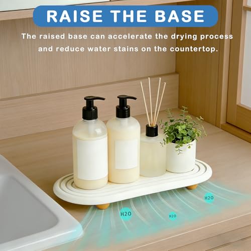 Instant Dry Sink Tray, Anti-Slip Stone Sink Caddy, Durable Kitchen Sink Organizer, Quick Dry Water Absorbing Stone Tray for Bathroom Counter, Stone Soap Tray -White - color: White Wooden Foot 4circles Large