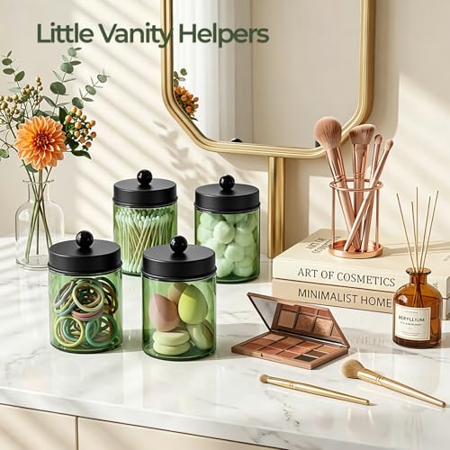 Amolliar 4 Pack Apothecary Jars Bathroom Vanity Storage Organizer Set -Countertop Canister with Stainless Steel Lids &Stickers Qtip Dispenser Holder for Cotton Swab (Green-black Lid) - color: Green-Black Lid