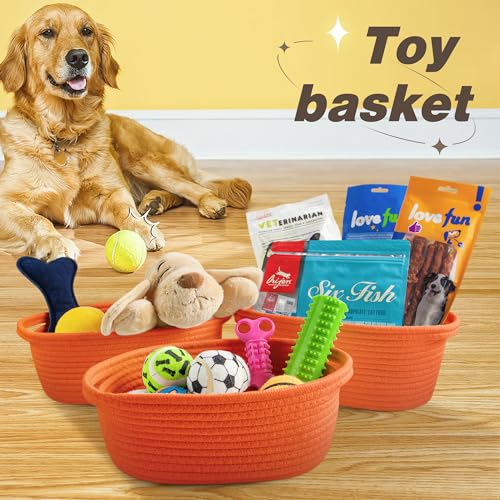 Pro Goleem Small Woven Basket with Gift Bags and Ribbons Durable Baskets for Gifts Empty Small Rope Basket for Storage 12"X 8" X 5" Baby Toy Basket with Handles, Orange - color: Orange