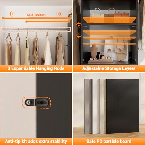 Homieasy 96 Inches Closet Organizer System, 8FT Customizable Walk In Closet Organizer with Hanging Rods, 3 Drawers Garment Rack with Leather Handle , 96" L x 16" W x 75" H, Max Load 1000 LBS, Black - color: Black