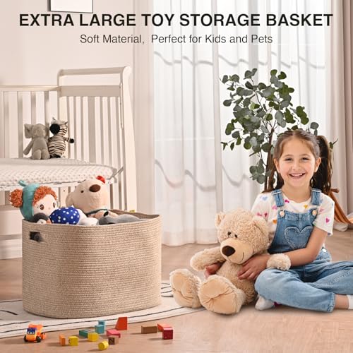 ICERZCZ Large Storage Basket for Organizing, Blanket Basket for Living Room, Large Toy Baskets for Storage, Woven Cotton Rope Baskets for Blankets, Clothes, Shoes, Brown, 25”x16”x16” (105L) - color: Brown, size: 25”x16”x16”