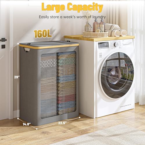 160L Double Laundry Hamper with Lid 2 Section, Large Bamboo Laundry Basket with 2 Removable Bags, Clothes Hampers for Laundry for Bedroom, Bathroom, Dorm, Laundry Room, Grey - color: Grey, size: 160L