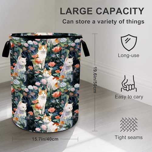 Cat Flowers Laundry Basket Storage Bin Foldable Laundry Hamper Clothes Storage Bucket Organizer 19.6x15.7 Inch For Laundry Room/Bedroom/Bathroom - color: Cat Flowers