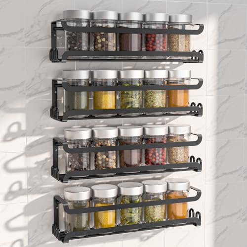 LUCYCAZ 4 Pack Wall Mounted Spice Rack with 16 Hooks, Spice Organizer Shelf for Stove Cabinet Pantry Door,Screw or Adhesive Spice Shelf Hanging Wall Spice Rack in Kitchen and RV (Black, 4 PACK) - color: Black, size: 4 PACK