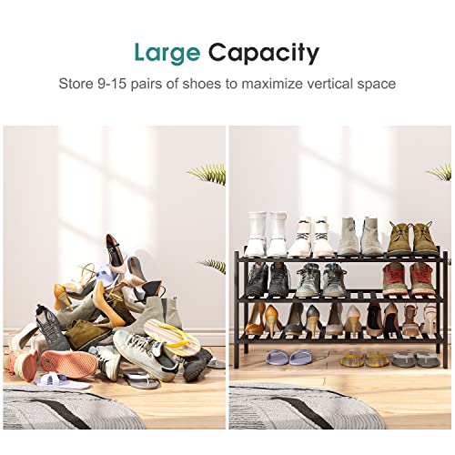 viewcare 3-Tier Long Black Shoe Rack, Bamboo Wood Shoe Rack for Closet, Entryway & Hallway, Stackable | Functional | Sturdy - color: Black, size: 3-Tier Long